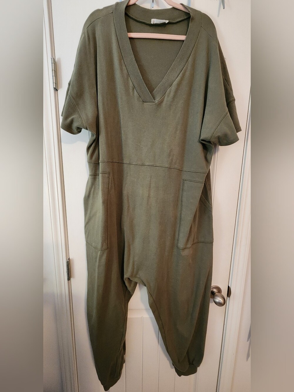 Zenana Olive Green V-Neck Cotton Knit Relaxed Romper Dropped Crotch Slouchy 3X